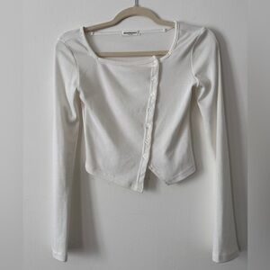 White Asymmetric Button-Front Long Sleeve Top Korean Brand